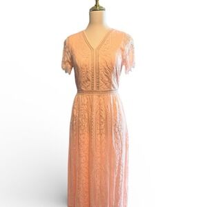 MEROKEEITY Lace Maxi Dress Peach Short Sleeve lace maxi boho New w Tags Size SM